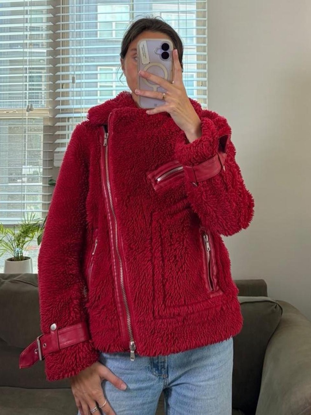 Avec les filles Faux Fur Moto Jacket in red - Picture 2 of 7